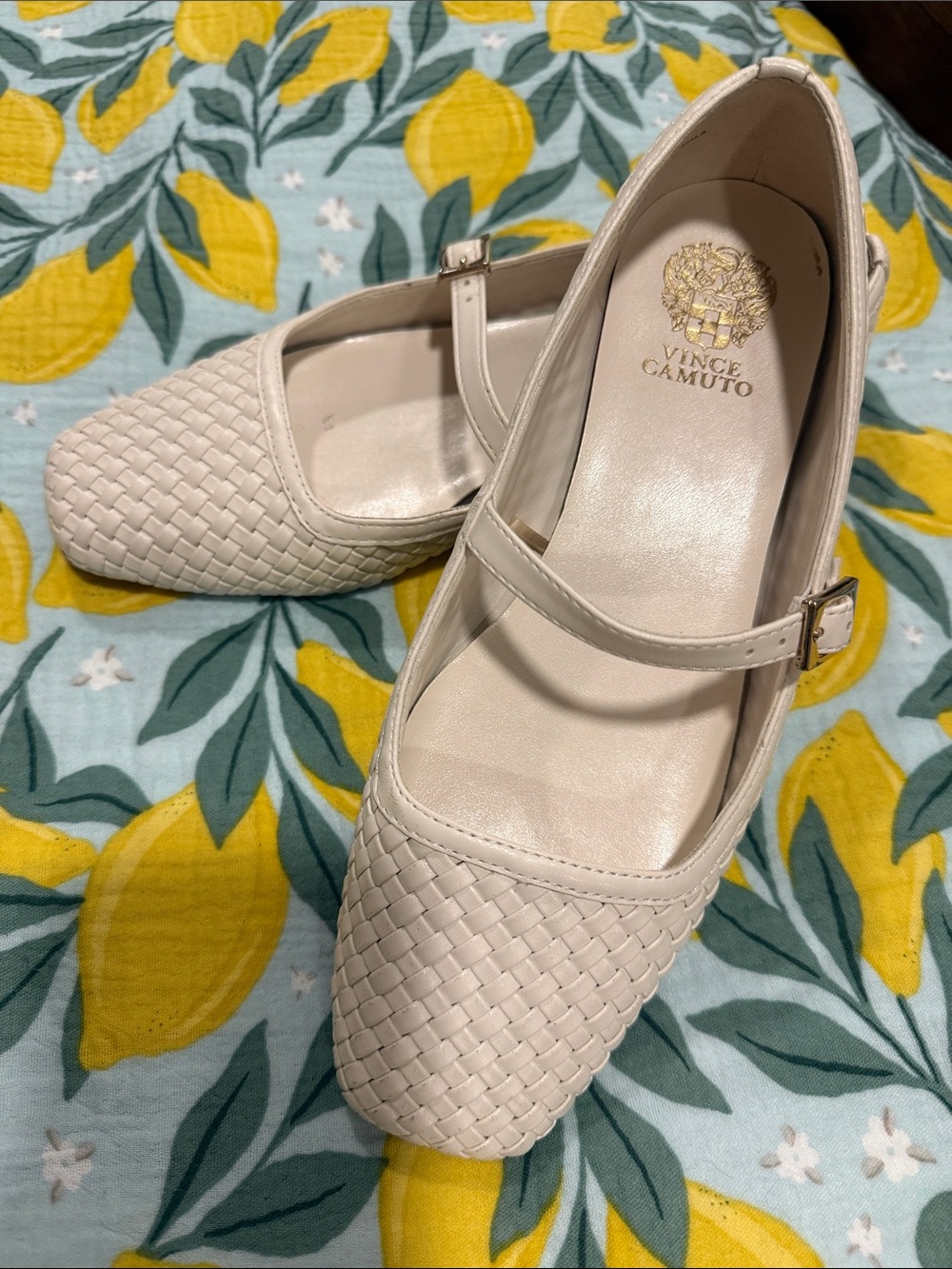 Vince Camuto Cream Woven Mary Jane Flats with Buckle Strap